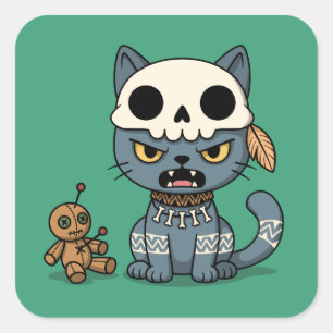 Witch Cat Voodoo Doll on Green Square Sticker