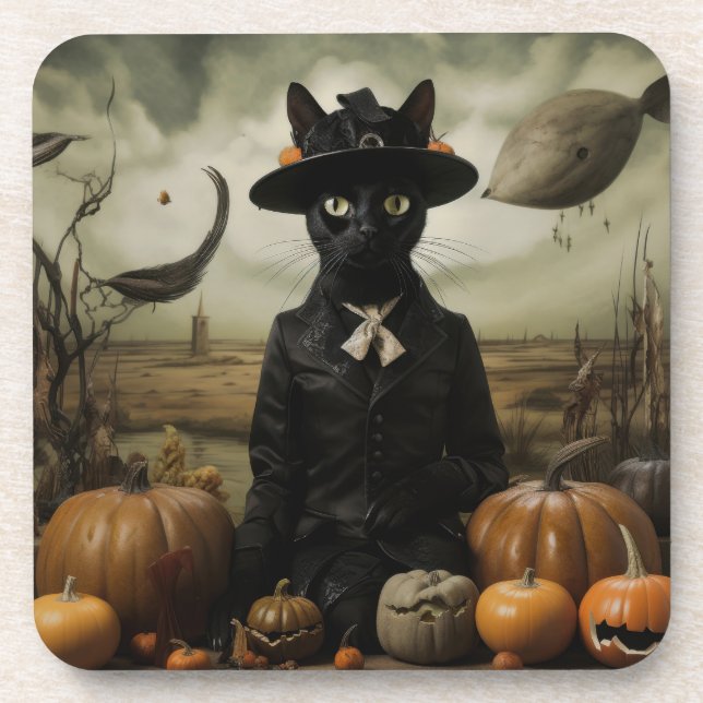Witch Cat with Pumpkins  Coaster (Front)