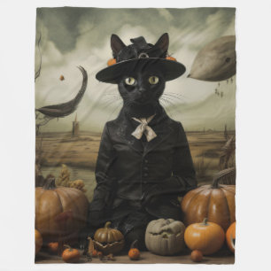 Witch Cat with Pumpkins Fleece Blanket