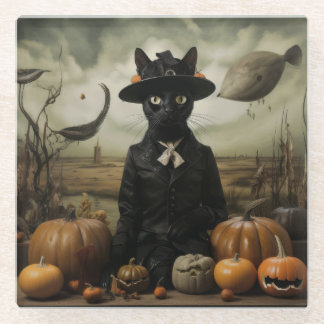 Witch Cat with Pumpkins  Glass Coaster