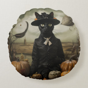 Witch Cat with Pumpkins  Round Cushion