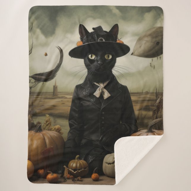 Witch Cat with Pumpkins  Sherpa Blanket (Front)
