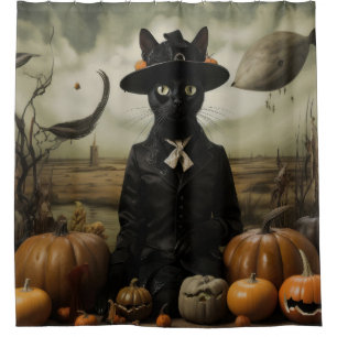 Witch Cat with Pumpkins Shower Curtain