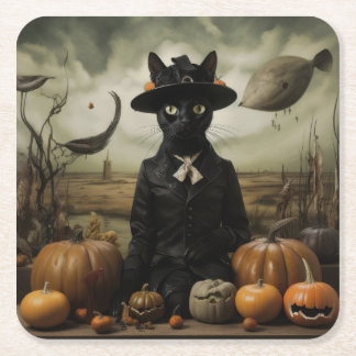Witch Cat with Pumpkins  Square Paper Coaster