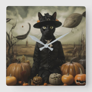 Witch Cat with Pumpkins  Square Wall Clock