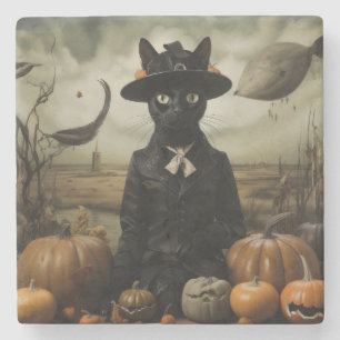 Witch Cat with Pumpkins Stone Coaster