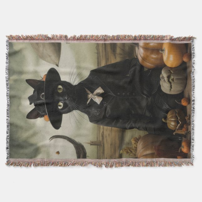 Witch Cat with Pumpkins  Throw Blanket (Front)