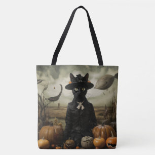 Witch Cat with Pumpkins  Tote Bag