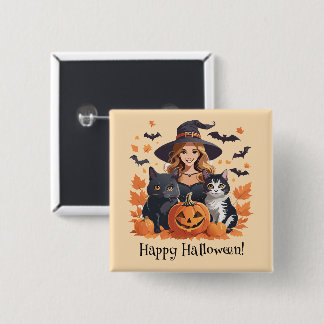 Witch Cats Bats & Pumpkins Halloween 15 Cm Square Badge
