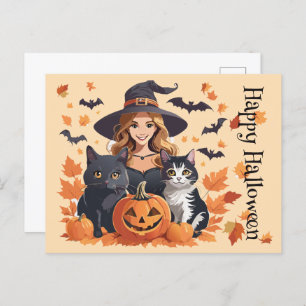 Witch Cats Bats & Pumpkins Halloween Postcard
