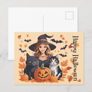 Witch Cats Bats & Pumpkins Halloween Postcard