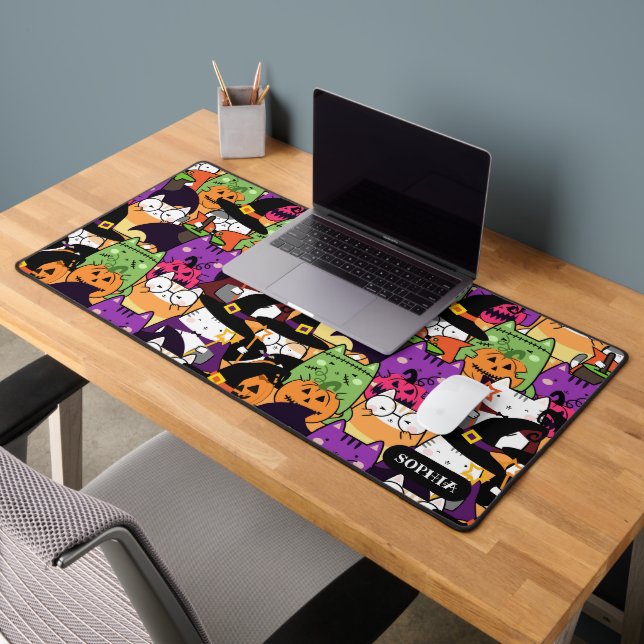 Witch Cats Halloween Bumbkin Funny Cat Desk Mat (Office 2)