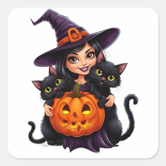 Witch Cats Jack O Lantern Halloween 🐈‍⬛ Square Sticker (Front)
