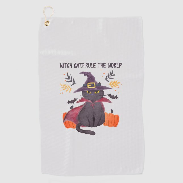 Witch Cats Rule The World – Black Cat Golf Towel (Front)