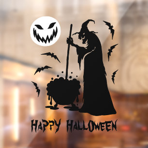 Witch cauldron bats and scary moon Happy Halloween Window Cling