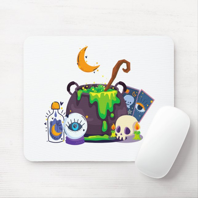 Witch Cauldron Cooking Potion Under The Moonlight Mouse Mat (With Mouse)