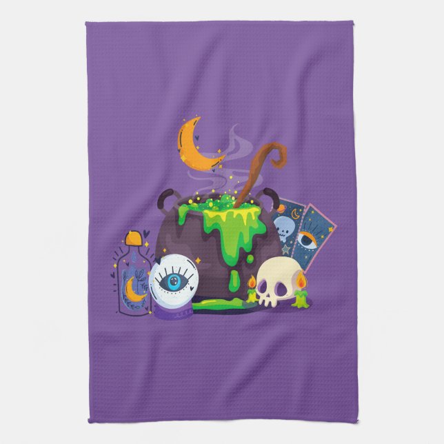 Witch Cauldron Cooking Potion Under The Moonlight Tea Towel (Vertical)
