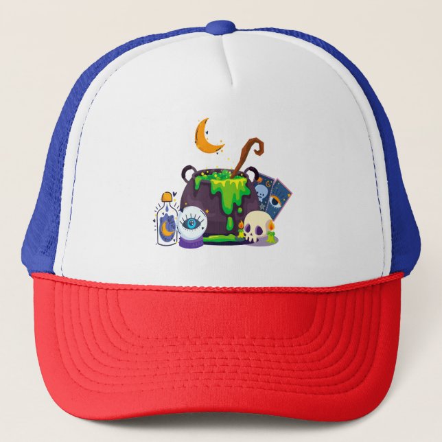 Witch Cauldron Cooking Potion Under The Moonlight Trucker Hat (Front)