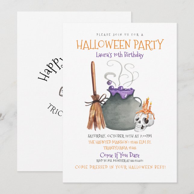 Witch Cauldron Halloween Birthday Invitation (Front/Back)