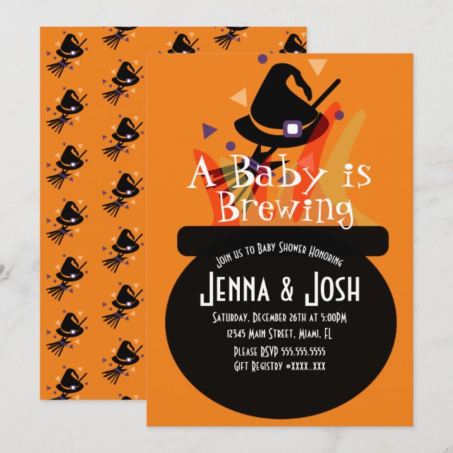 Witch Cauldron Spooky Halloween Baby Shower Orange Invitation (Front/Back)