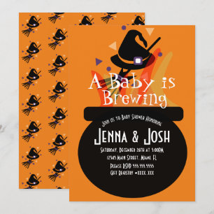 Witch Cauldron Spooky Halloween Baby Shower Orange Invitation