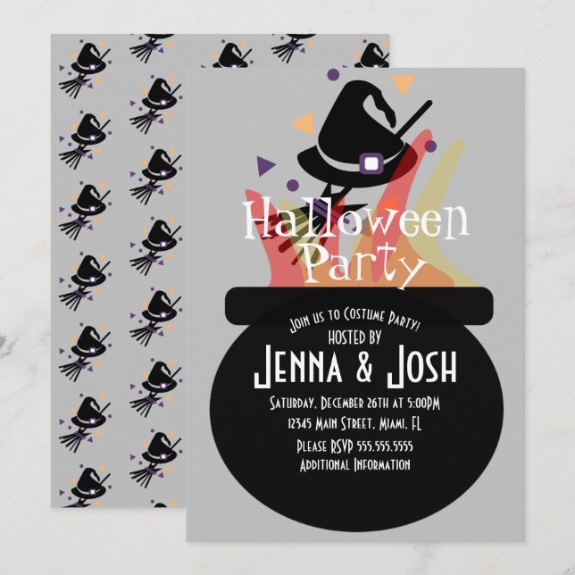Witch Cauldron Spooky Halloween Costume Party Grey Invitation (Front/Back)
