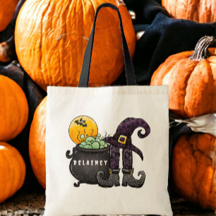 Witch Cauldron Trick or Treat Halloween Candy Name Tote Bag