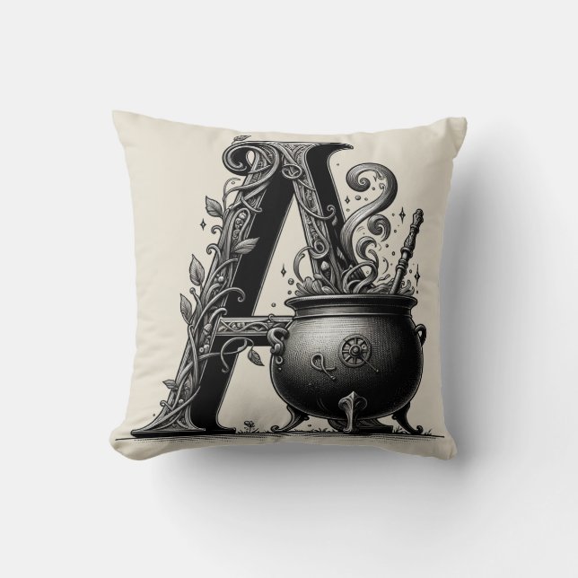 Witch Cauldron Witchy Letter A Custom Initial  Cushion (Front)