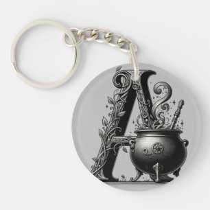 Witch Cauldron Witchy Letter A Custom Initial  Key Ring