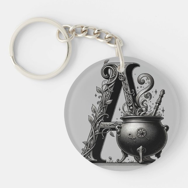 Witch Cauldron Witchy Letter A Custom Initial  Key Ring (Front)