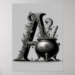 Witch Cauldron Witchy Letter A Custom Initial  Poster