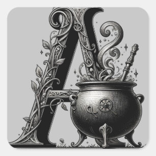Witch Cauldron Witchy Letter A Custom Initial Square Sticker