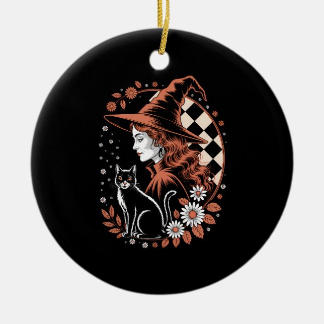 Witch Checkered Halloween Ceramic Tree Decoration (Front)