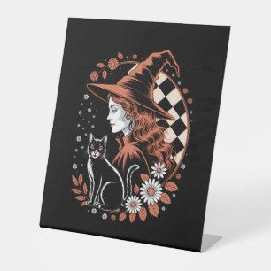 Witch Checkered Halloween Pedestal Sign