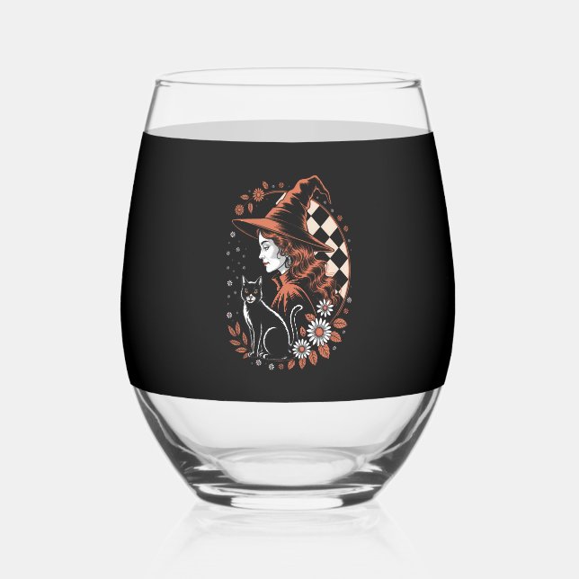 Witch Checkered Halloween Stemless Wine Glass (Front)