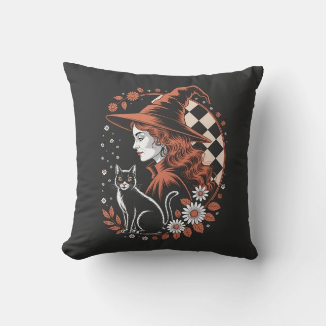 Witch Chequered Halloween Cushion (Front)