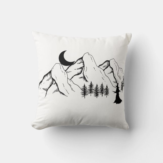 Witch Climbing a Mountain at Night – Mystical Moon Cushion (Front)