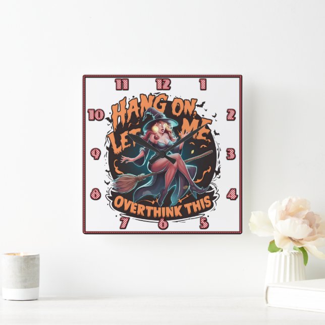 Witch contemplating on a broomstick at dusk square wall clock (Home)