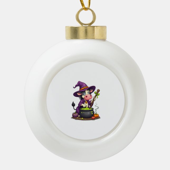 Witch Cow Cauldron Brew Ceramic Ball Christmas Ornament (Front)