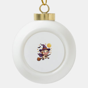 Witch Cow on a Broomstick Ceramic Ball Christmas Ornament