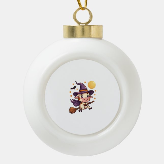 Witch Cow on a Broomstick Ceramic Ball Christmas Ornament (Front)