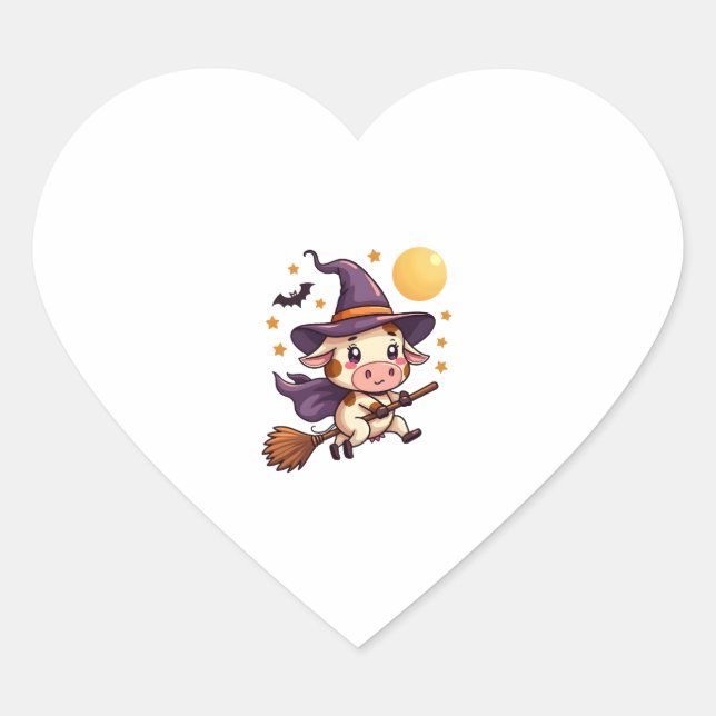 Witch Cow on a Broomstick Heart Sticker (Front)