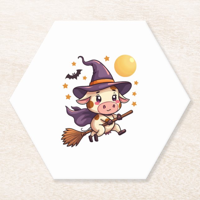 Witch Cow on a Broomstick Paper Coaster (Front)