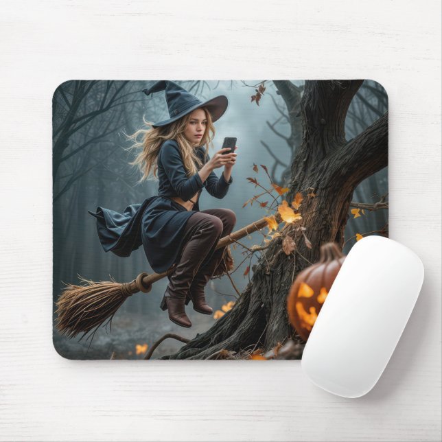 Witch Crashing Into a Tree While Texting Mouse Mat (With Mouse)