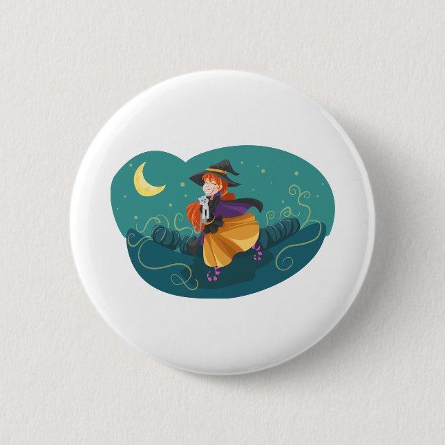 Witch Cute Friendly Cat Adorable Friend Moon 6 Cm Round Badge (Front)