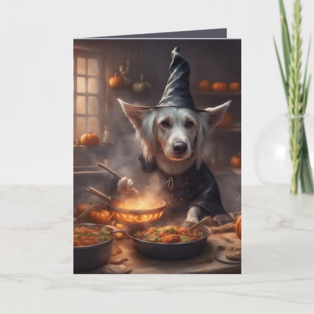 Witch Dog Cooks a Halloween feast greeting Card (Front)