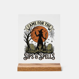 Witch Drinking Shirt Sips and Spells Vintage Hallo Acrylic Sign