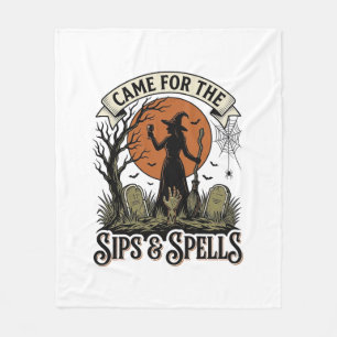 Witch Drinking Shirt Sips and Spells Vintage Hallo Fleece Blanket