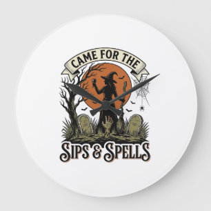 Witch Drinking Shirt Sips and Spells Vintage Hallo Large Clock