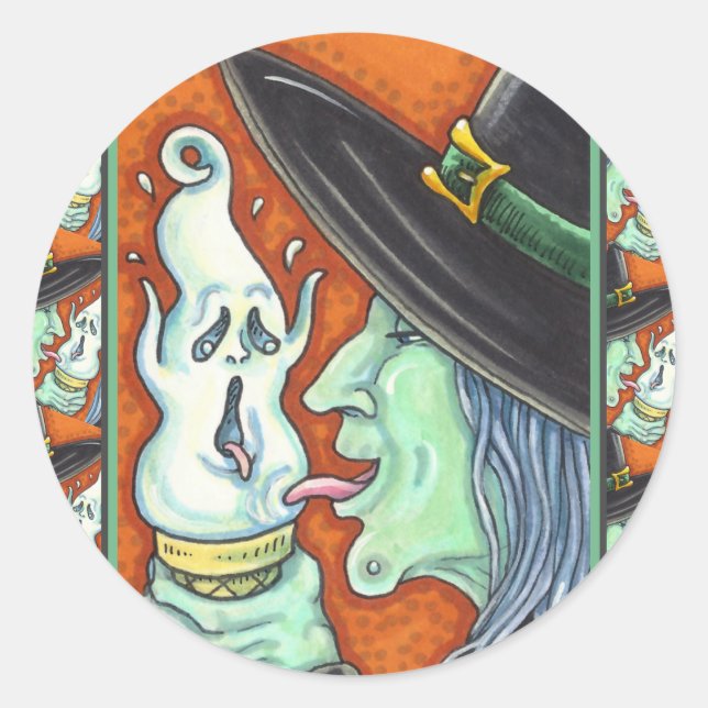 WITCH EATING SCREAMING ICE CREAM CONE, HALLOWEEN CLASSIC ROUND STICKER (Front)